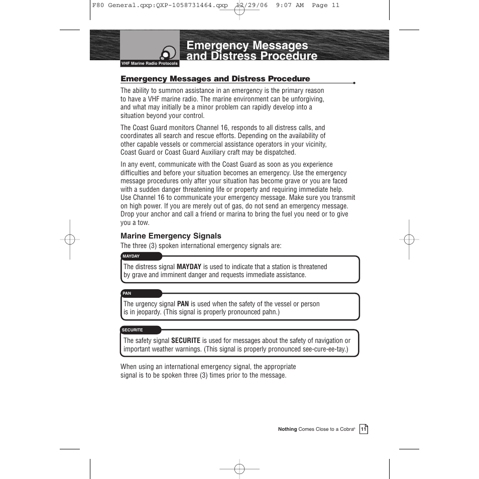 Emergency messages and distress procedure | Cobra Electronics Mrf 80b User Manual | Page 14 / 83