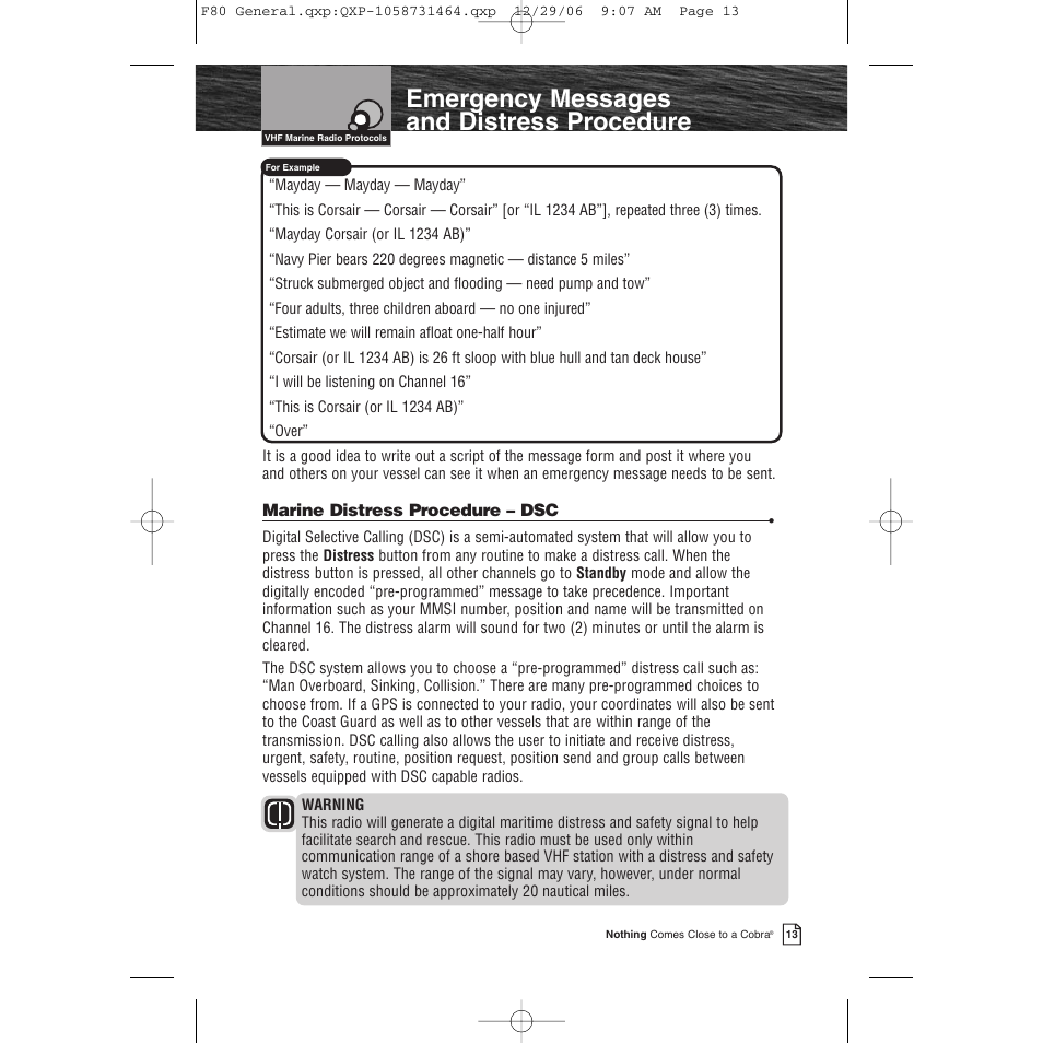 Emergency messages and distress procedure | Cobra Electronics Mrf 80b User Manual | Page 16 / 83