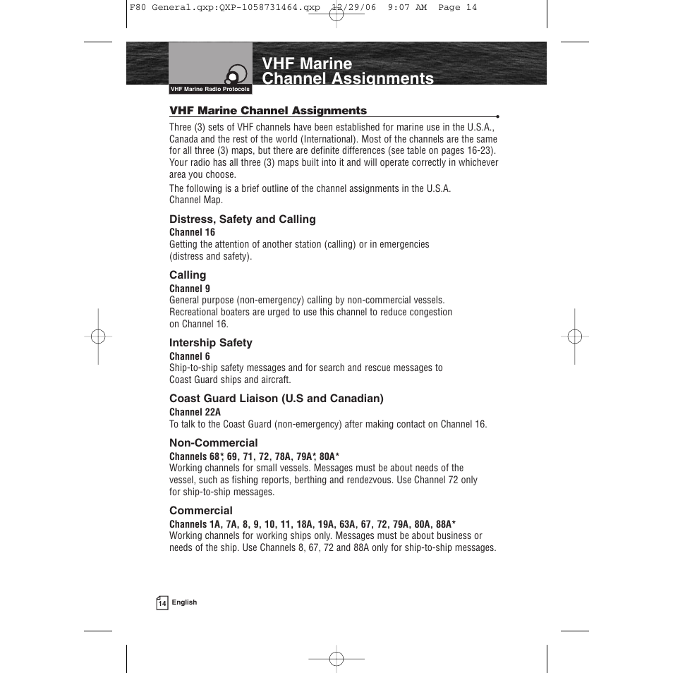 Vhf marine channel assignments | Cobra Electronics Mrf 80b User Manual | Page 17 / 83
