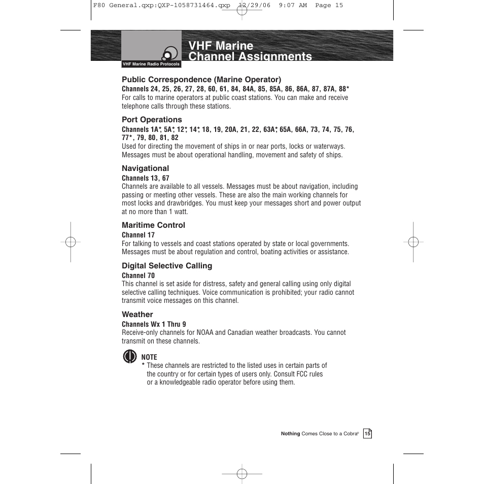 Vhf marine channel assignments | Cobra Electronics Mrf 80b User Manual | Page 18 / 83