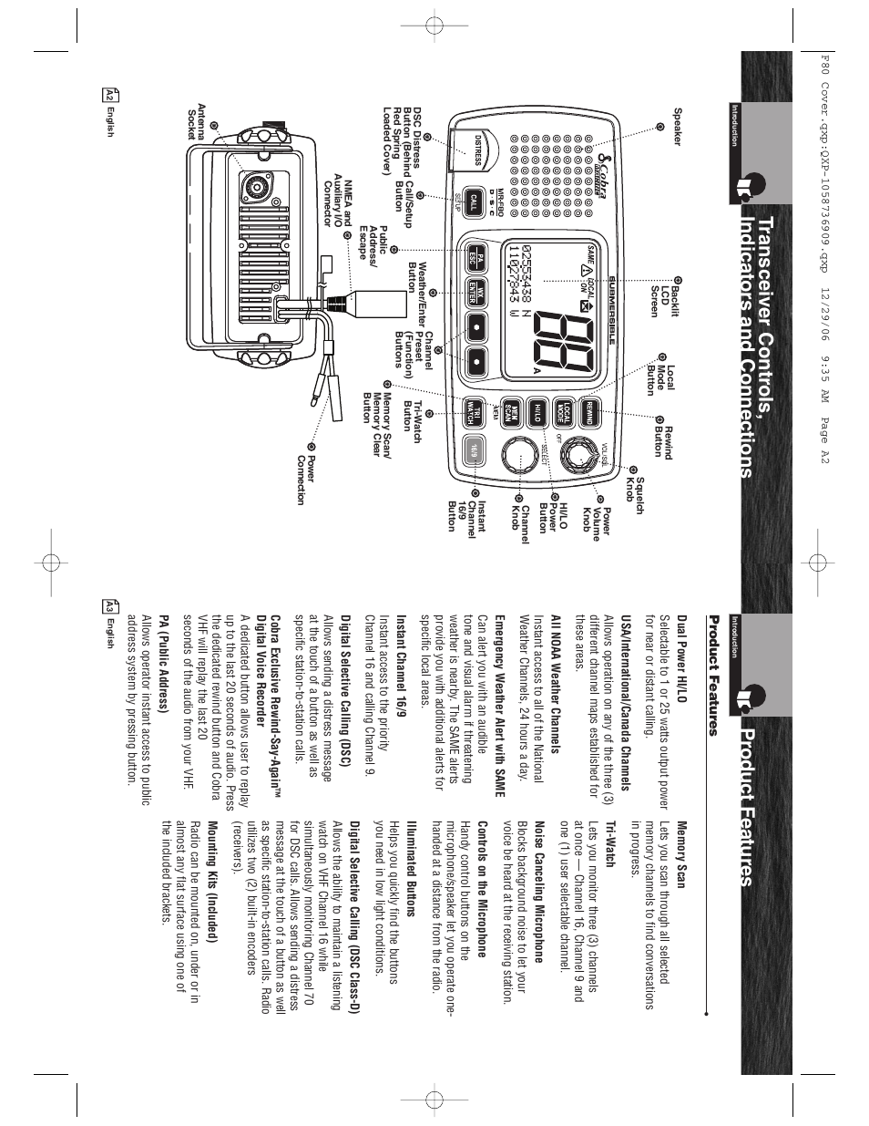 Pr oduct f eatures, Transceiver contr ols, indicator s and connections | Cobra Electronics Mrf 80b User Manual | Page 2 / 83