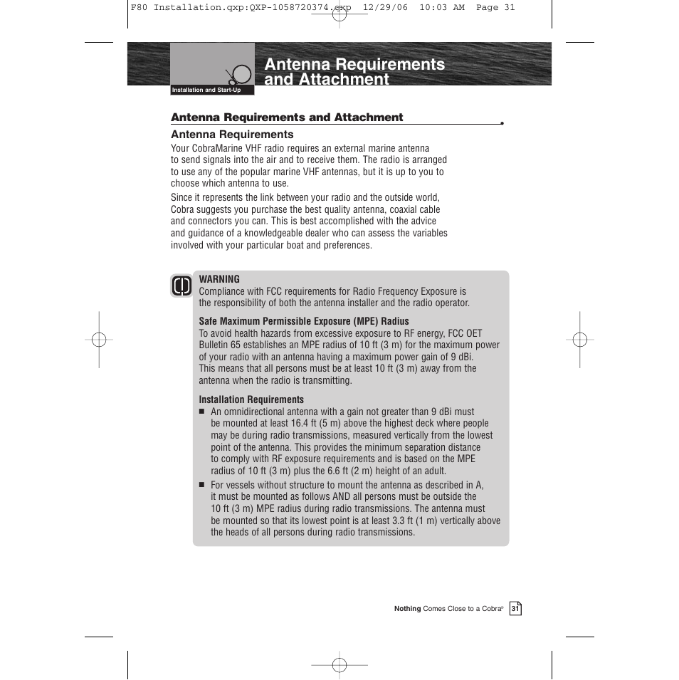 Antenna requirements and attachment | Cobra Electronics Mrf 80b User Manual | Page 34 / 83