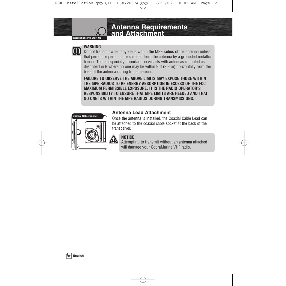 Antenna requirements and attachment | Cobra Electronics Mrf 80b User Manual | Page 35 / 83