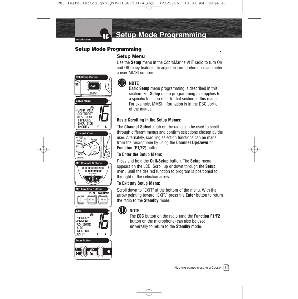 Setup mode programming, Setup menu | Cobra Electronics Mrf 80b User Manual | Page 44 / 83