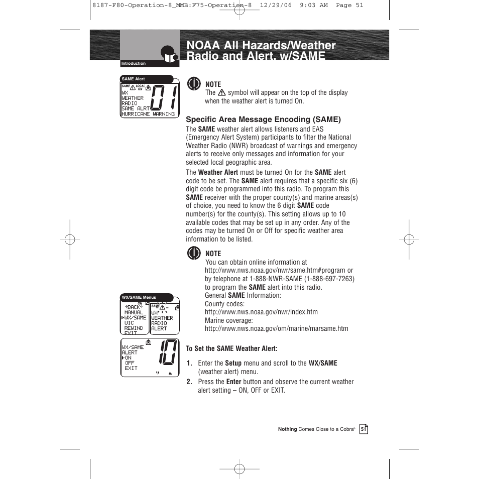 Noaa all hazards/weather radio and alert, w/same | Cobra Electronics Mrf 80b User Manual | Page 54 / 83