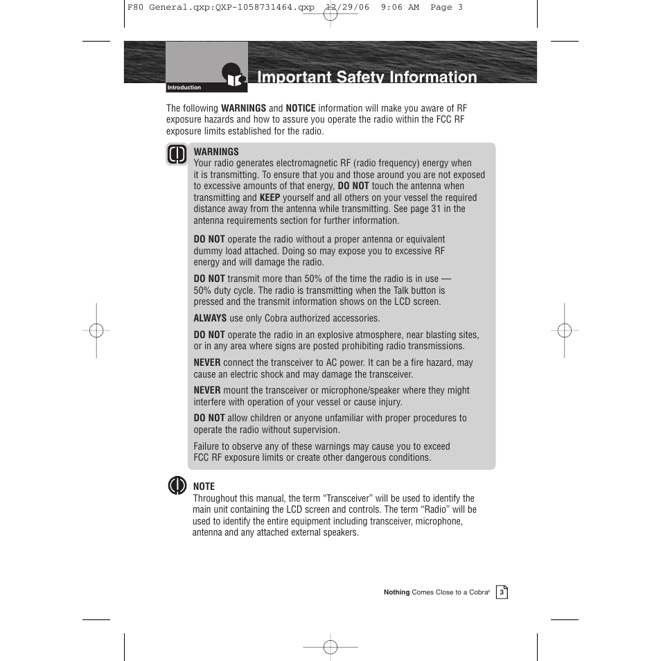 Important safety information | Cobra Electronics Mrf 80b User Manual | Page 6 / 83