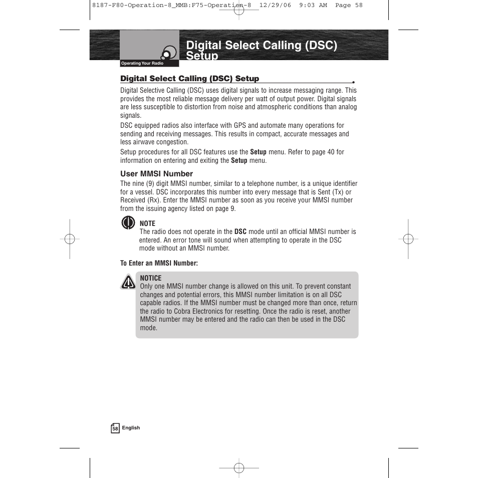 Product features, Digital select calling (dsc) setup | Cobra Electronics Mrf 80b User Manual | Page 61 / 83