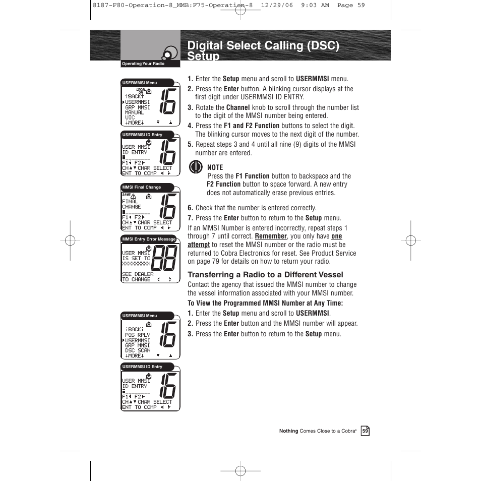 Product features, Digital select calling (dsc) setup | Cobra Electronics Mrf 80b User Manual | Page 62 / 83