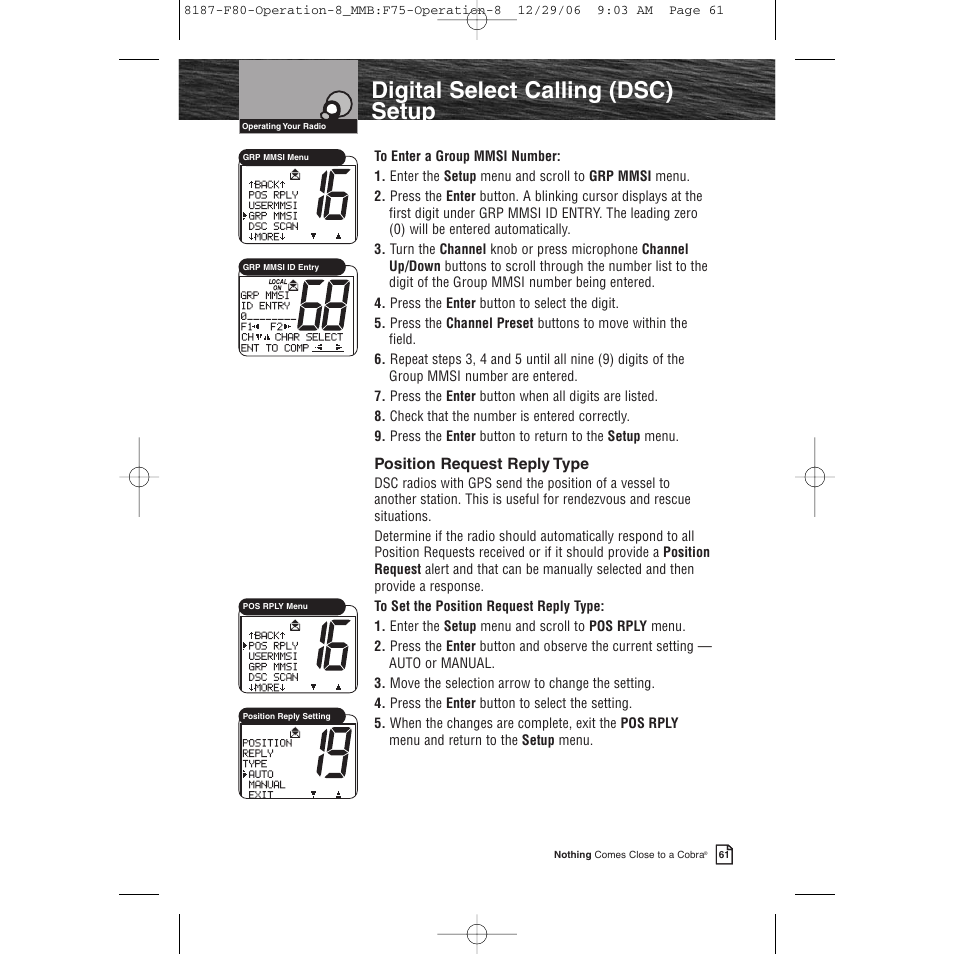 Product features, Digital select calling (dsc) setup | Cobra Electronics Mrf 80b User Manual | Page 64 / 83