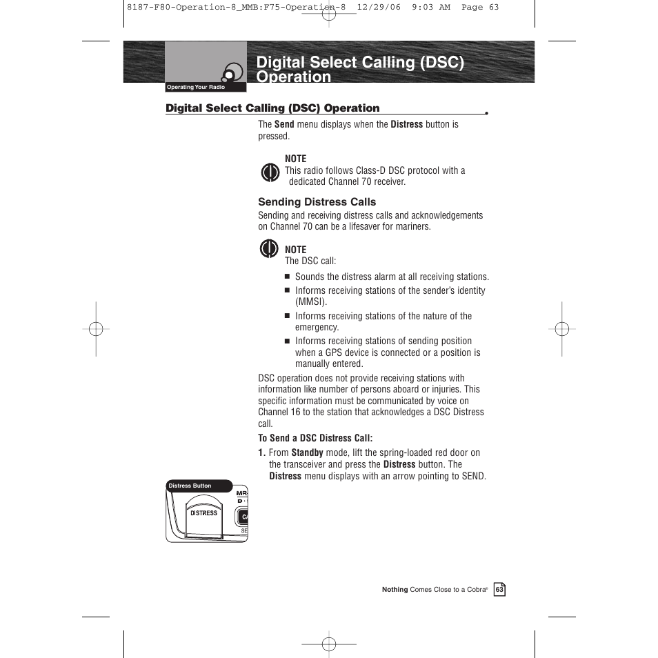 Product features, Digital select calling (dsc) operation | Cobra Electronics Mrf 80b User Manual | Page 66 / 83