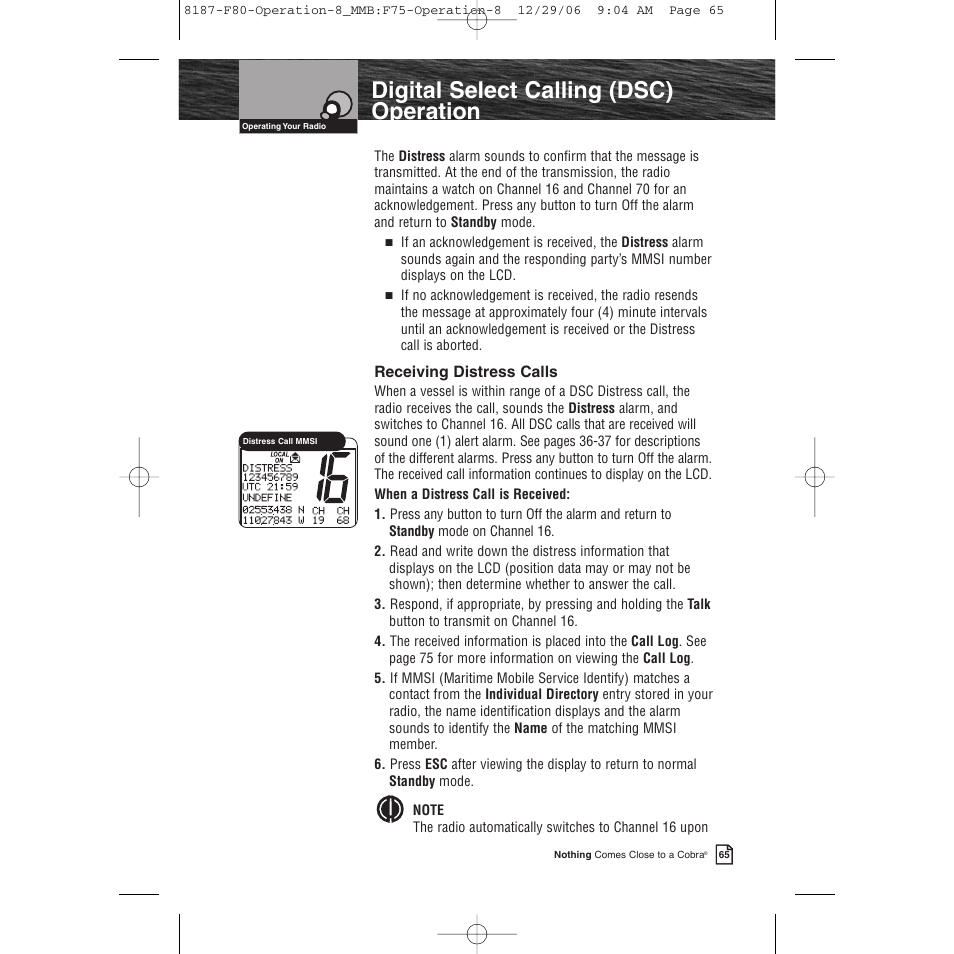 Product features, Digital select calling (dsc) operation | Cobra Electronics Mrf 80b User Manual | Page 68 / 83