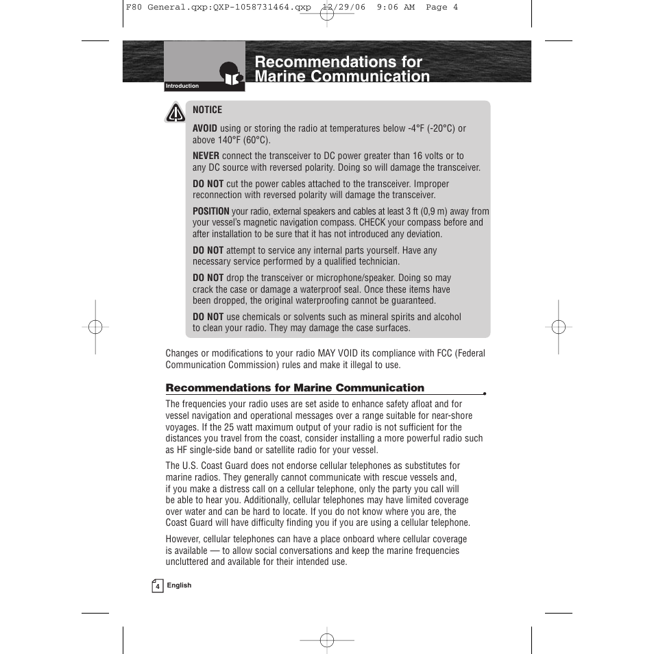 Recommendations for marine communication | Cobra Electronics Mrf 80b User Manual | Page 7 / 83