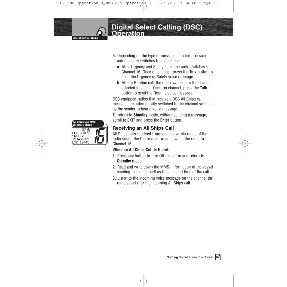 Product features, Digital select calling (dsc) operation | Cobra Electronics Mrf 80b User Manual | Page 70 / 83