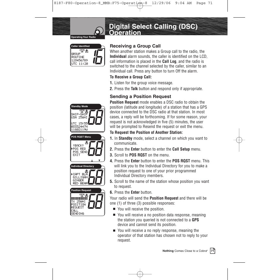 Product features, Digital select calling (dsc) operation | Cobra Electronics Mrf 80b User Manual | Page 74 / 83