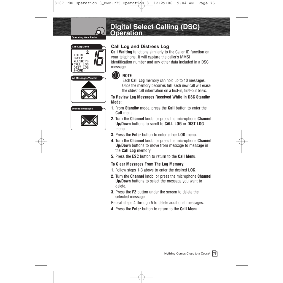 Product features, Digital select calling (dsc) operation | Cobra Electronics Mrf 80b User Manual | Page 78 / 83