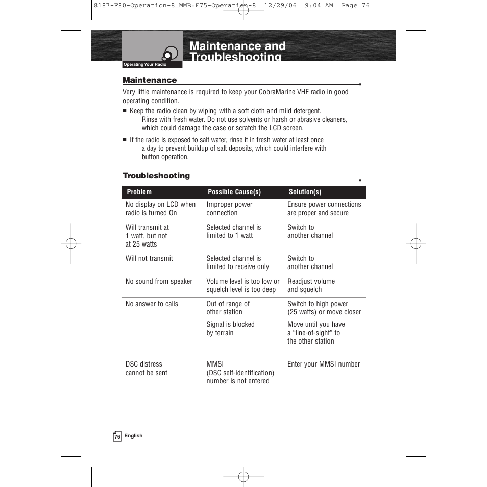 Maintenance and troubleshooting | Cobra Electronics Mrf 80b User Manual | Page 79 / 83
