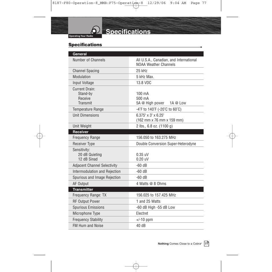 Specifications | Cobra Electronics Mrf 80b User Manual | Page 80 / 83