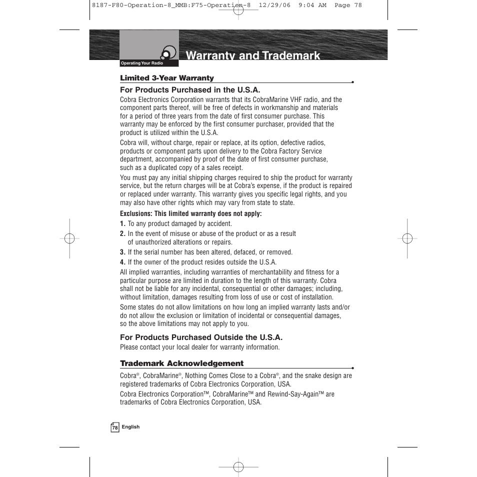 Product features, Warranty and trademark | Cobra Electronics Mrf 80b User Manual | Page 81 / 83