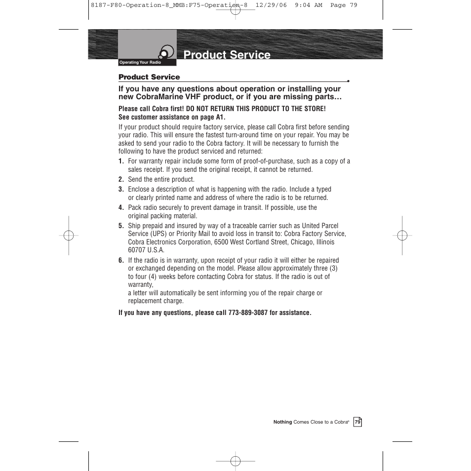 Product features, Product service | Cobra Electronics Mrf 80b User Manual | Page 82 / 83