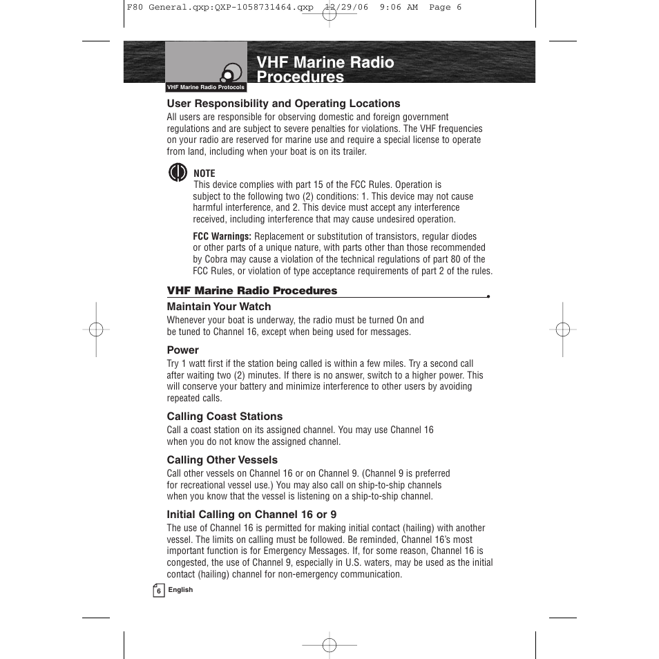 Vhf marine radio procedures | Cobra Electronics Mrf 80b User Manual | Page 9 / 83