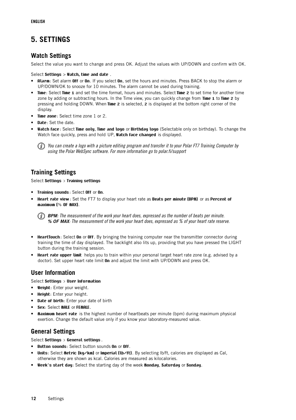 Settings, Watch settings, Training settings | User information, General settings | POLAR FT7 User Manual | Page 12 / 19