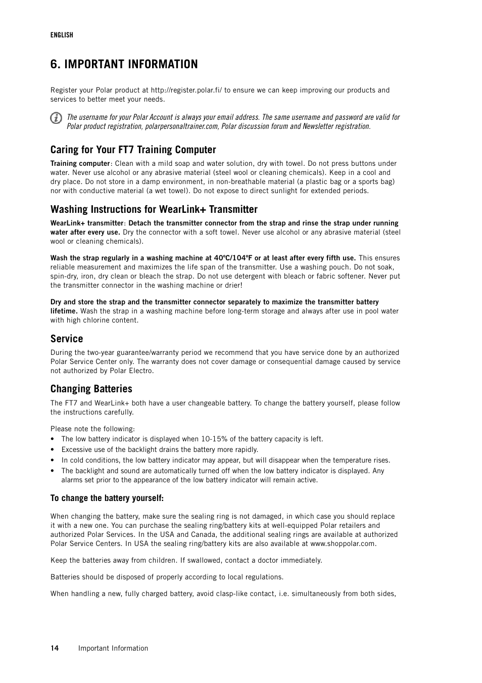 Important information, Caring for your ft7 training computer, Washing instructions for wearlink+ transmitter | Service, Changing batteries | POLAR FT7 User Manual | Page 14 / 19