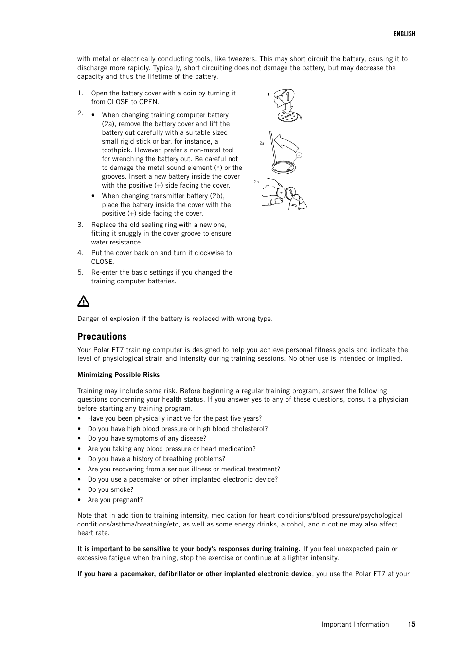 Precautions | POLAR FT7 User Manual | Page 15 / 19