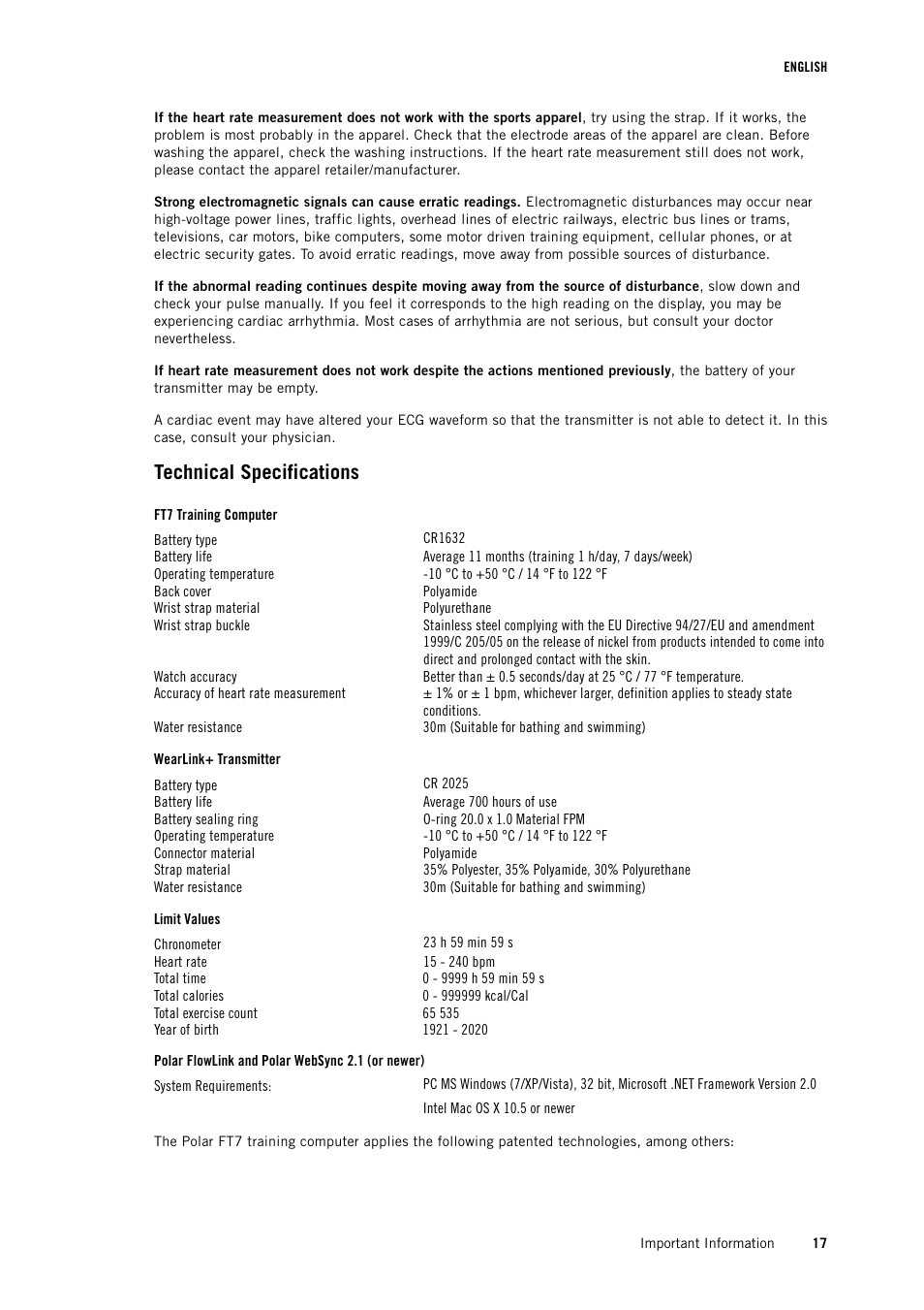 Technical specifications | POLAR FT7 User Manual | Page 17 / 19