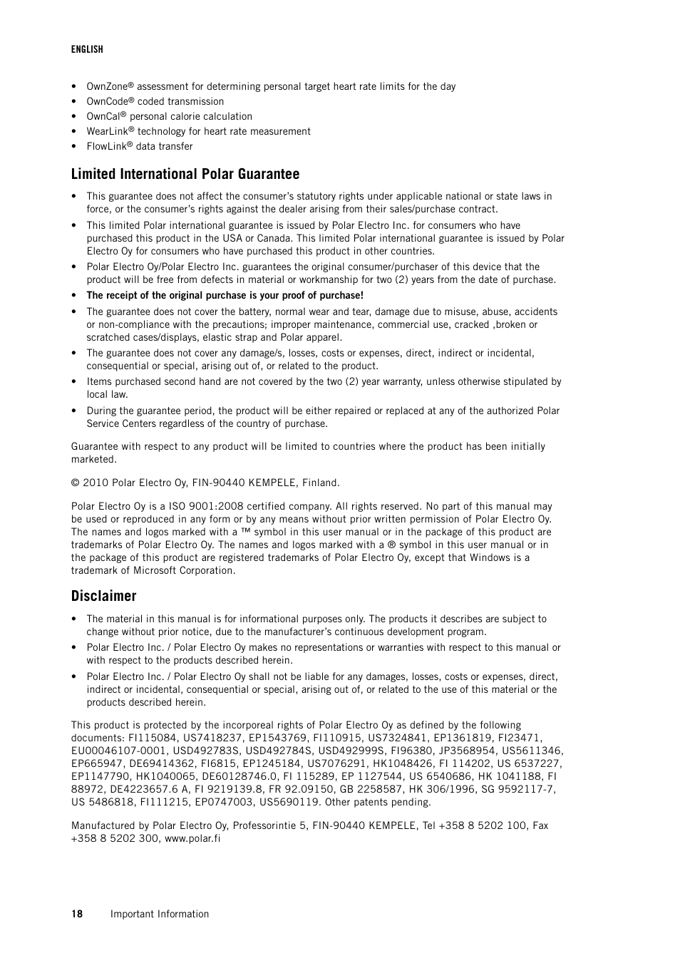 Limited international polar guarantee, Disclaimer | POLAR FT7 User Manual | Page 18 / 19