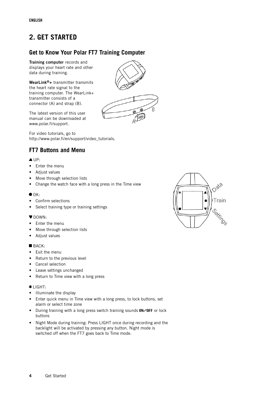 Get started, Get to know your polar ft7 training computer, Ft7 buttons and menu | POLAR FT7 User Manual | Page 4 / 19