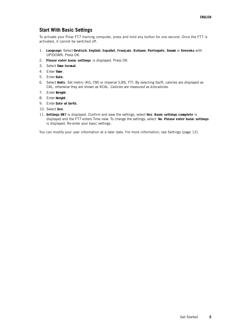 Start with basic settings | POLAR FT7 User Manual | Page 5 / 19