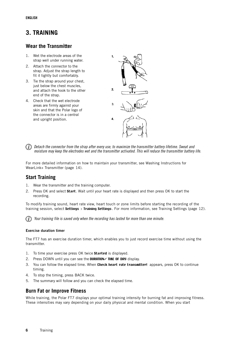 Training, Wear the transmitter, Start training | Burn fat or improve fitness | POLAR FT7 User Manual | Page 6 / 19