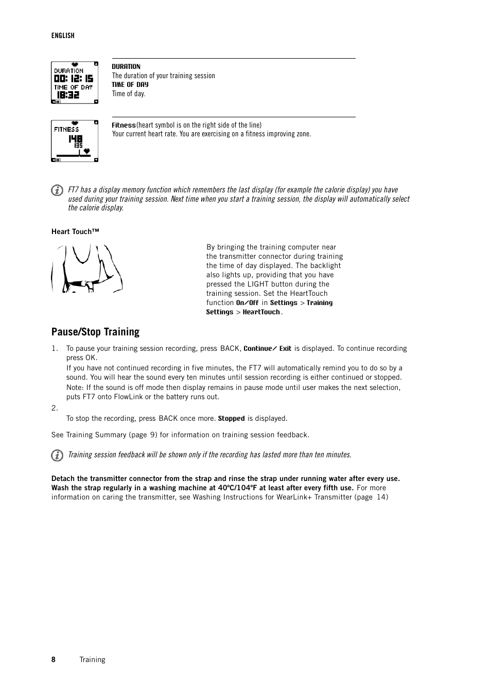 Pause/stop training | POLAR FT7 User Manual | Page 8 / 19