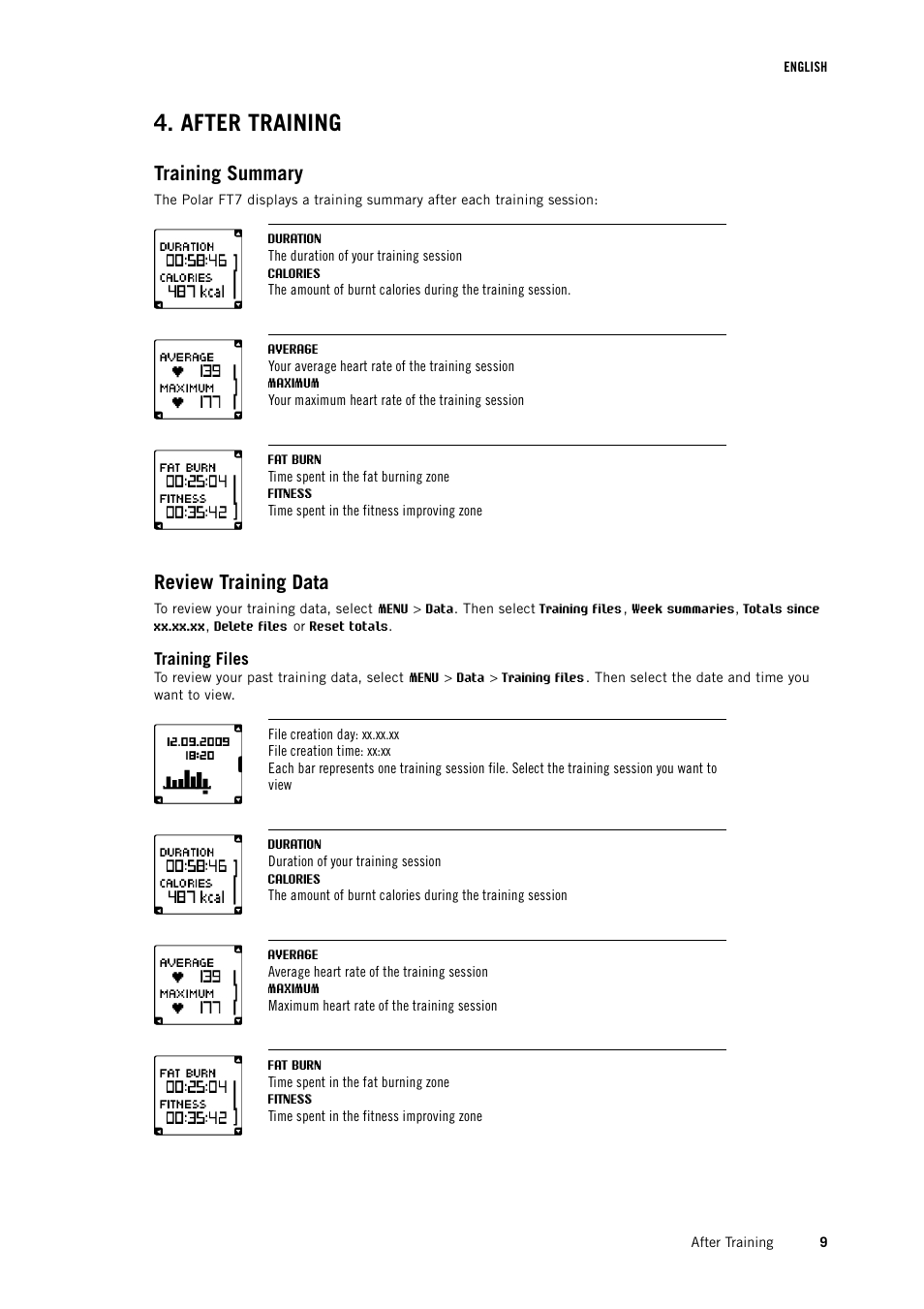 After training, Training summary, Review training data | Training files | POLAR FT7 User Manual | Page 9 / 19