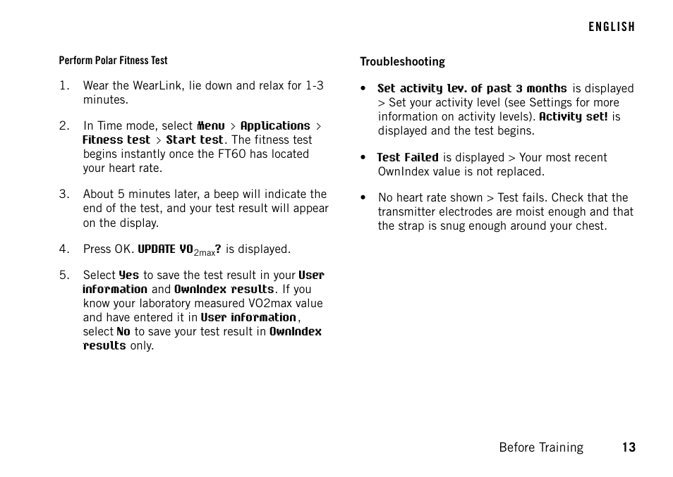 Perform polar fitness test | POLAR FT60 User Manual | Page 13 / 45