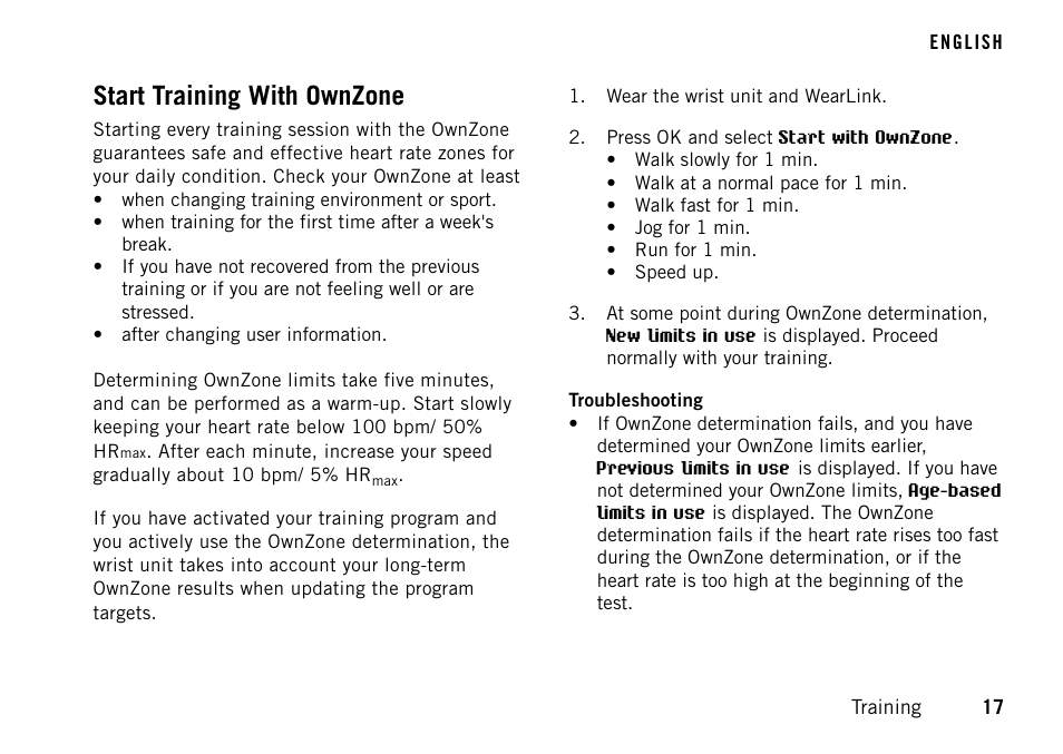 Start training with ownzone | POLAR FT60 User Manual | Page 17 / 45