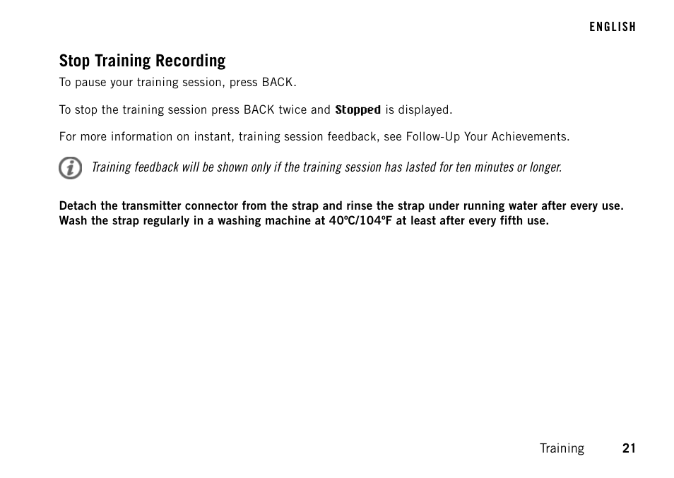 Stop training recording | POLAR FT60 User Manual | Page 21 / 45