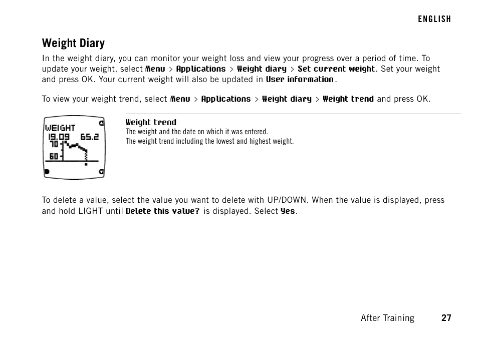 Weight diary | POLAR FT60 User Manual | Page 27 / 45