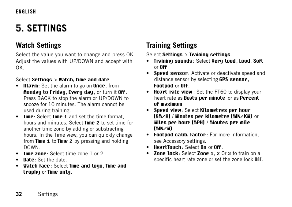 Settings, Watch settings, Training settings | POLAR FT60 User Manual | Page 32 / 45