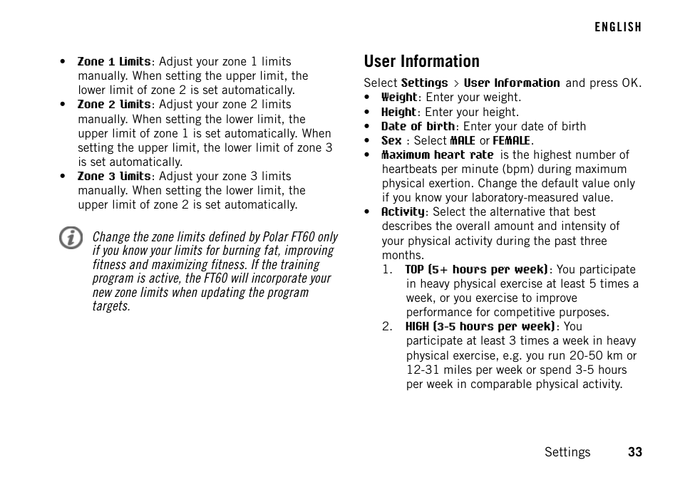 User information | POLAR FT60 User Manual | Page 33 / 45