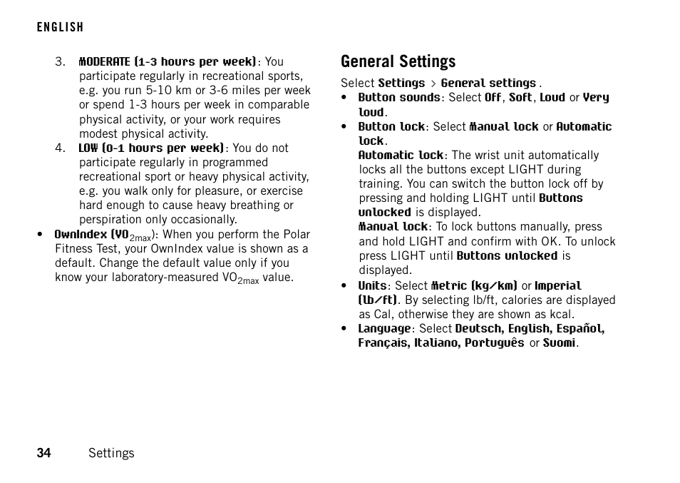 General settings | POLAR FT60 User Manual | Page 34 / 45