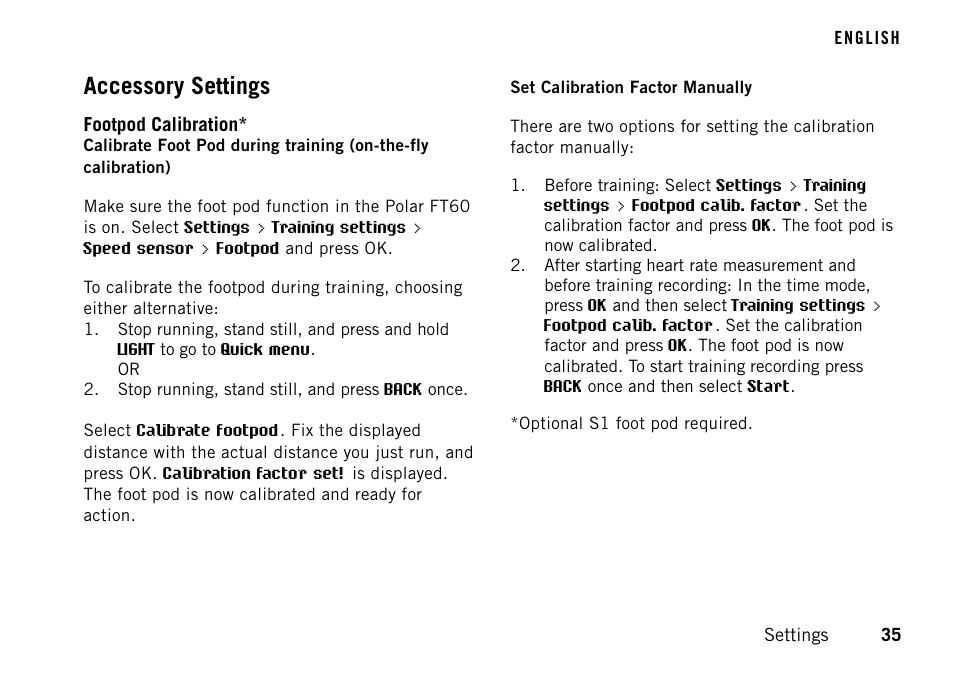 Accessory settings, Footpod calibration | POLAR FT60 User Manual | Page 35 / 45