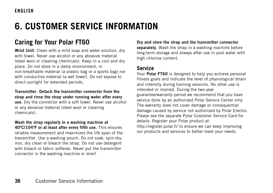 Customer service information, Caring for your polar ft60, Service | POLAR FT60 User Manual | Page 36 / 45