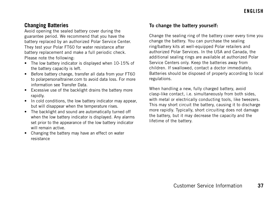Changing batteries | POLAR FT60 User Manual | Page 37 / 45
