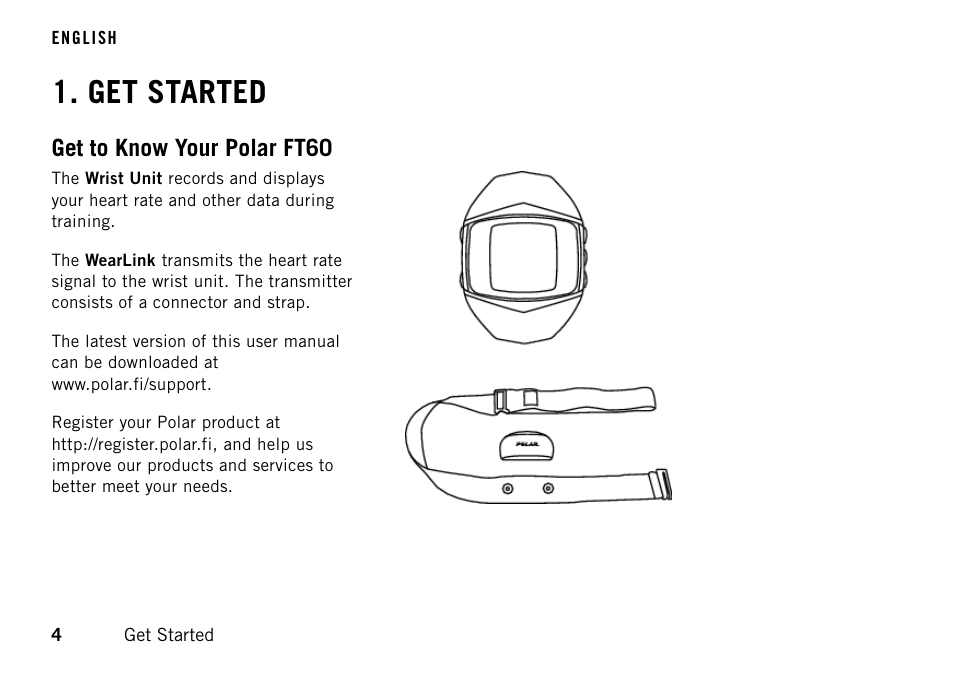 Get started, Get to know your polar ft60 | POLAR FT60 User Manual | Page 4 / 45