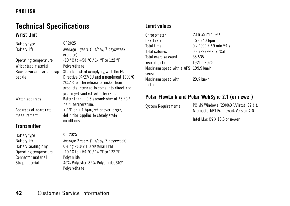 Technical specifications, Wrist unit, Transmitter | Limit values, Polar flowlink and polar websync 2.1 (or newer) | POLAR FT60 User Manual | Page 42 / 45