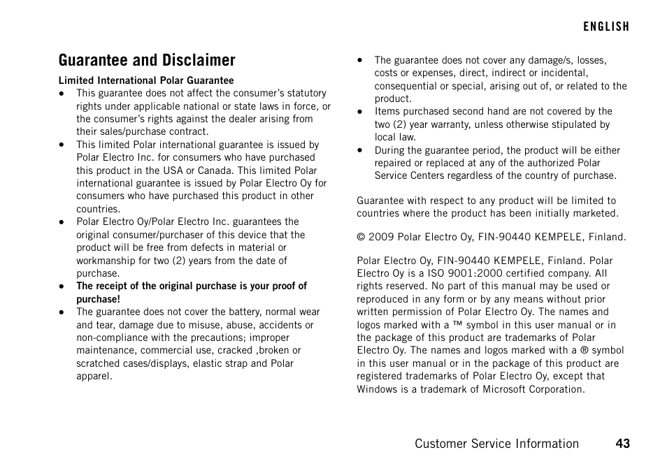 Guarantee and disclaimer | POLAR FT60 User Manual | Page 43 / 45