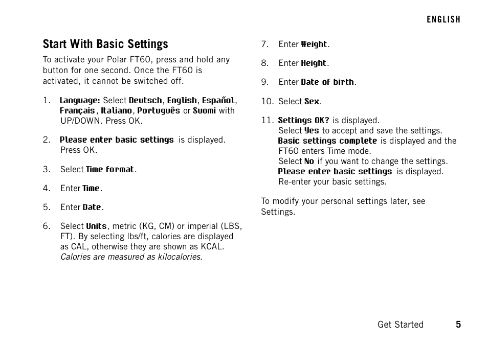 Start with basic settings | POLAR FT60 User Manual | Page 5 / 45