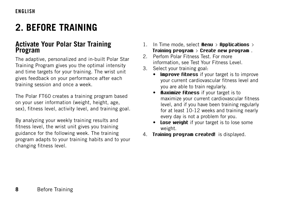 Before training, Activate your polar star training program, Activate your polar star training | POLAR FT60 User Manual | Page 8 / 45