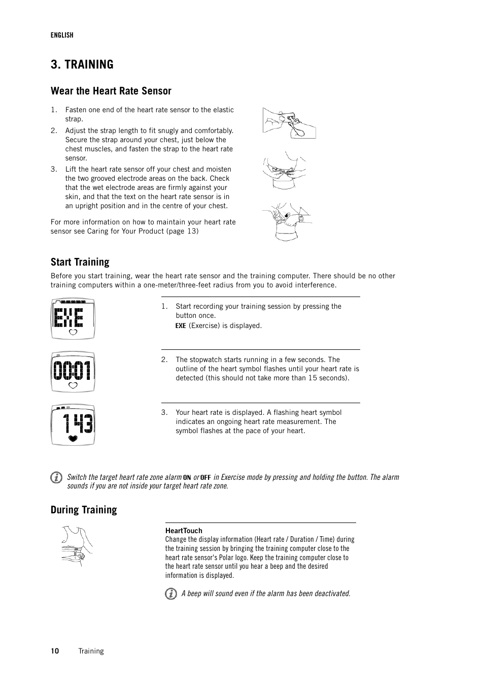 Training, Wear the heart rate sensor, Start training | During training | POLAR FT1 User Manual | Page 10 / 18